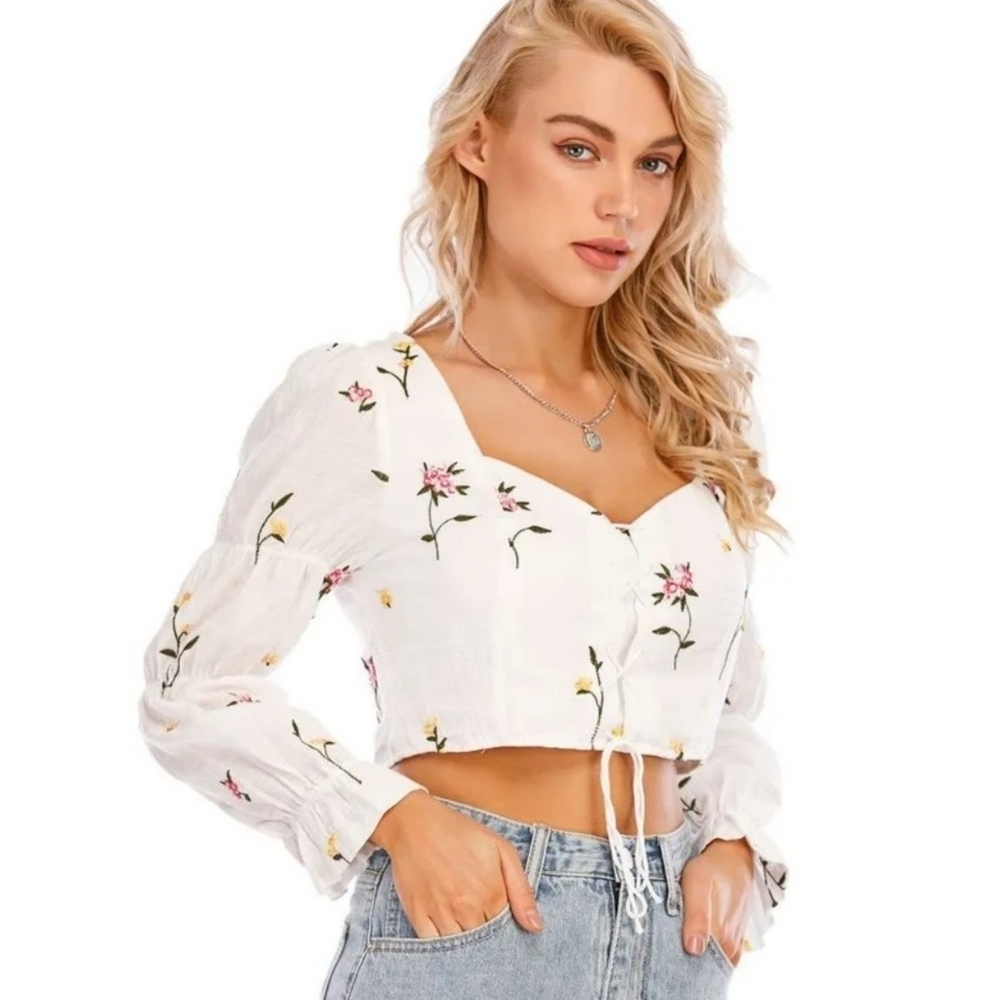 Pandaramma Floral Embroidered Puff Sleeve Lace up Crop top White Size L